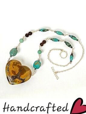 Hand Crafted Genuine Turquoise Heart Statement Necklace On Sterling Silver